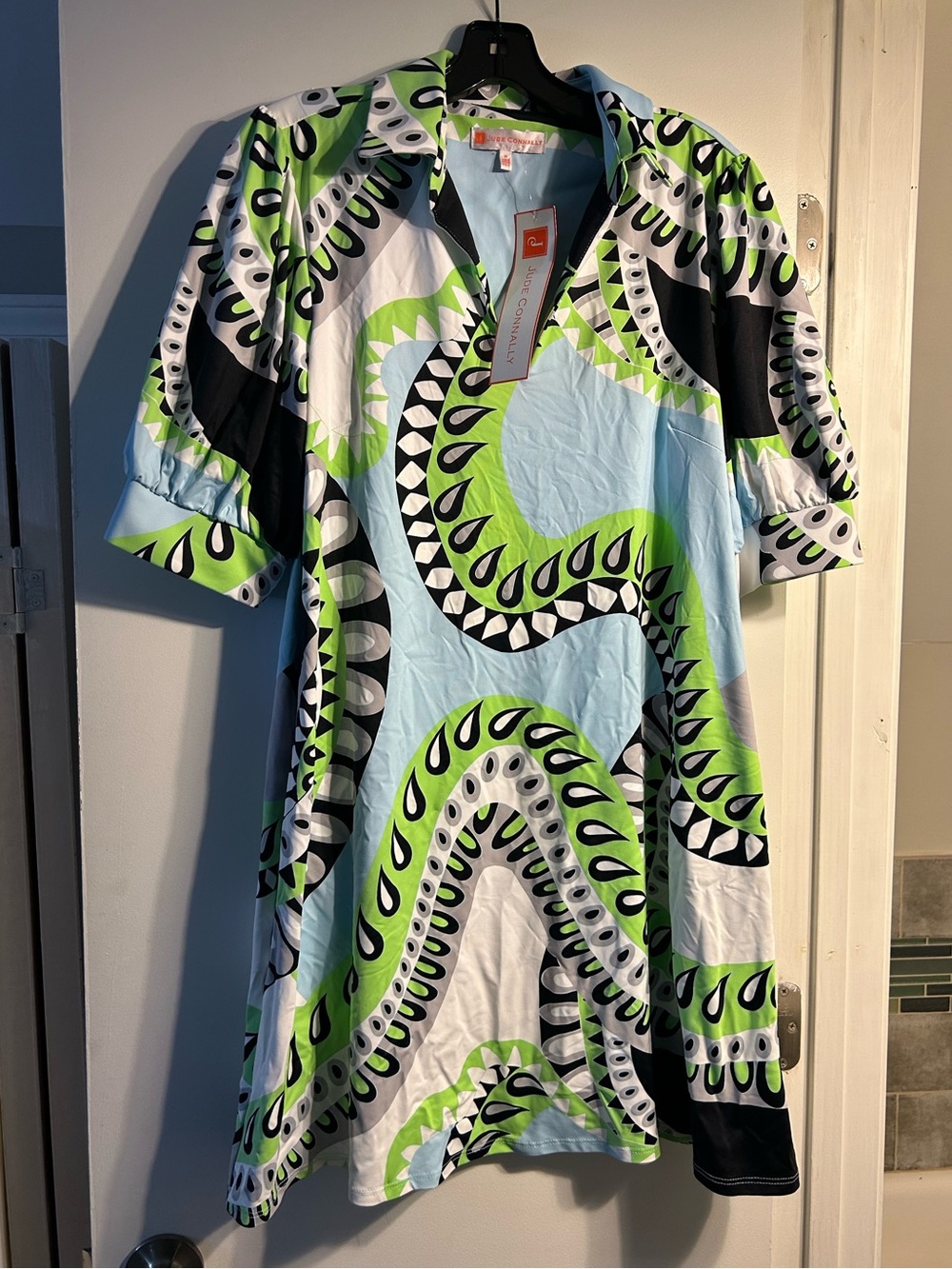 NWT Jude Connally Light Blue, Green & Black Printed Mini Dress in size Medium